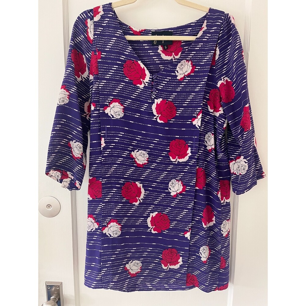 Yumi Kim 100% Silk Long Sleeve Floral V-Neck Purple Pink Dress Size Small